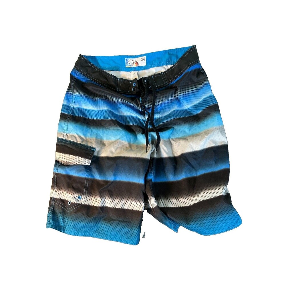 OP Men’s 34 Striped Board Shorts Blue Black White Drawstring Pockets
